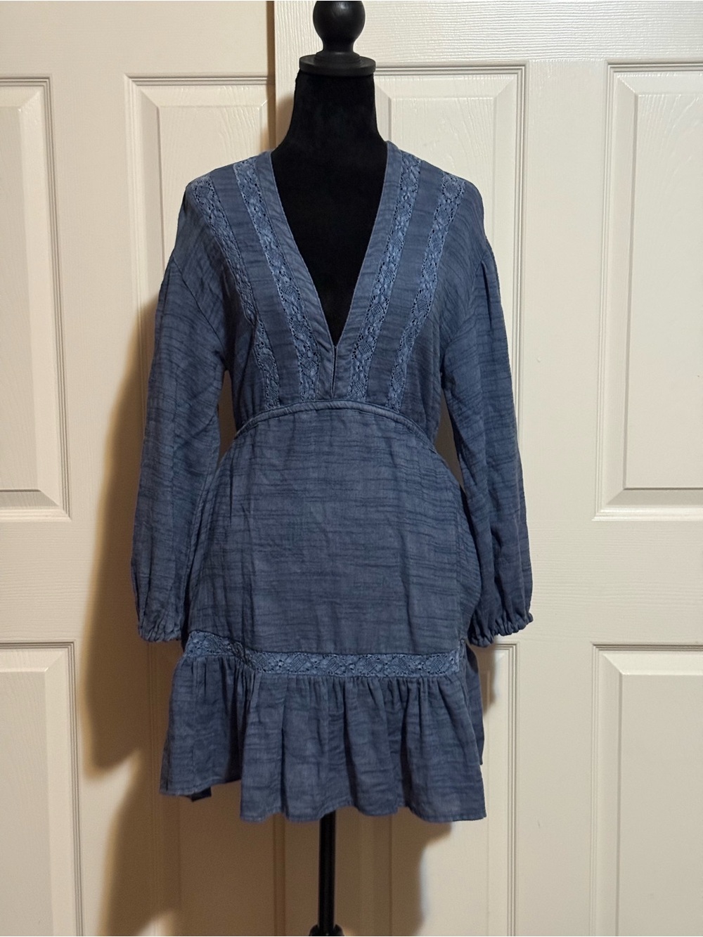 Free People Indigo Blue V-Neck Long Sleeve Tiered Dress